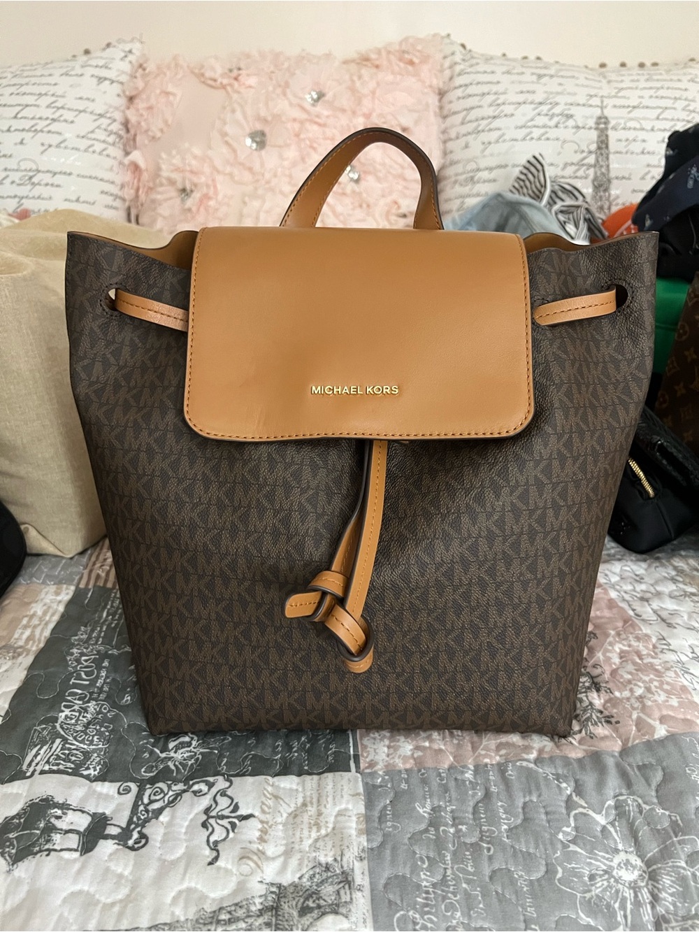 Michael Kors Brown & Tan Signature Drawstring Backpack